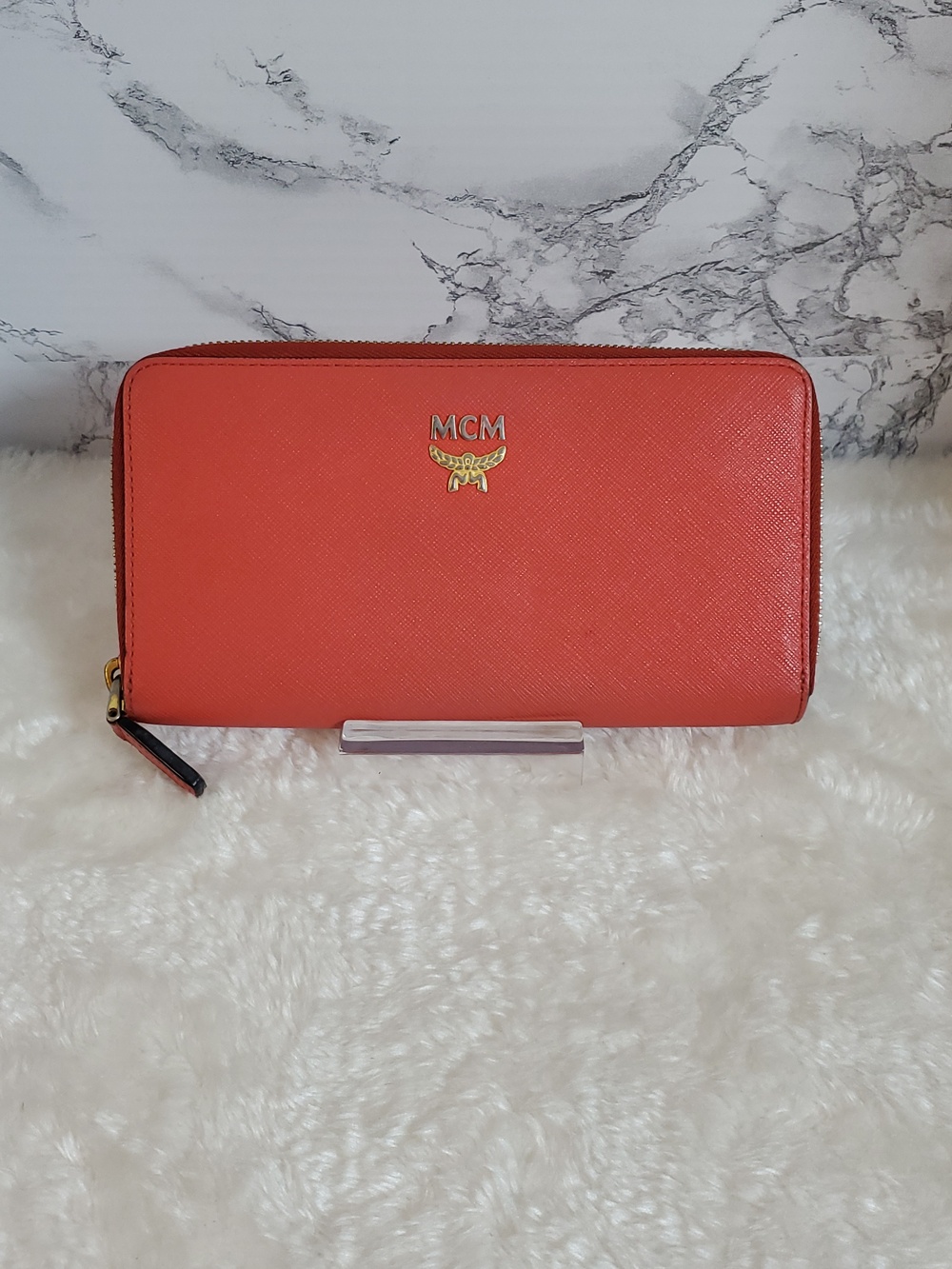 MCM Red Zip Around Wallet with Gold Logo